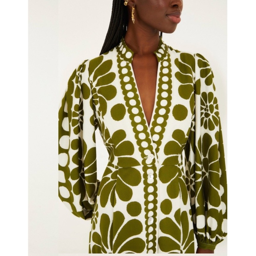 Farm Rio Green White Floral Puff Sleeve Button Front Maxi Dress Resort NWT S